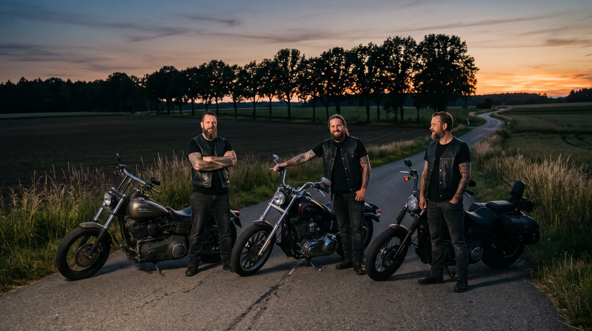 Drei tätowierte Biker stehen bei Abendsonne neben ihren Motorrädern auf einer Landstraße