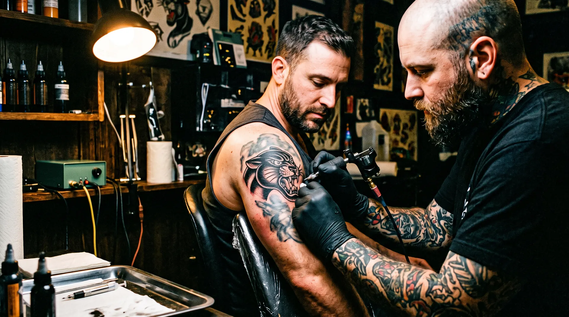 Tätowierer deckt ein verblasstes Tattoo am Oberarm mit einem schwarzen Panther ab