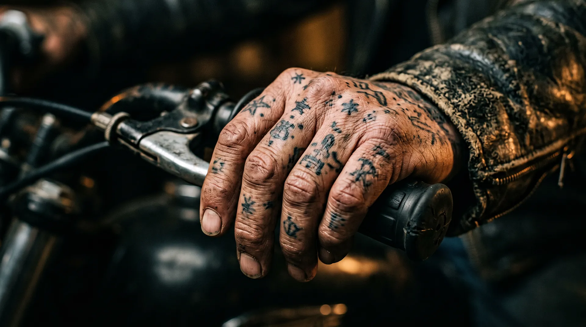 Tätowierte Hand am Gasgriff eines schwarzen Motorrads