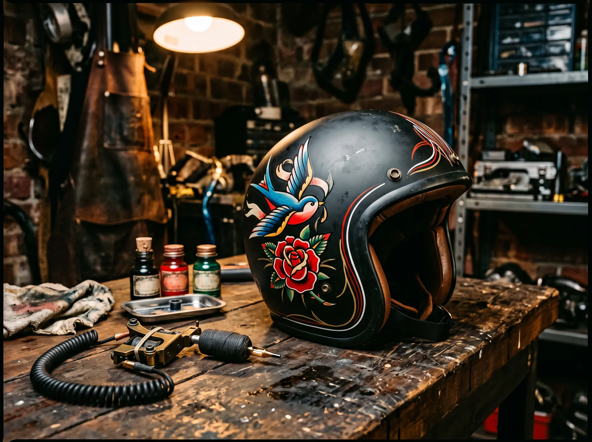 Schwarzer Motorradhelm mit Pinstriping und Schwalbe neben Tätowiermaschine