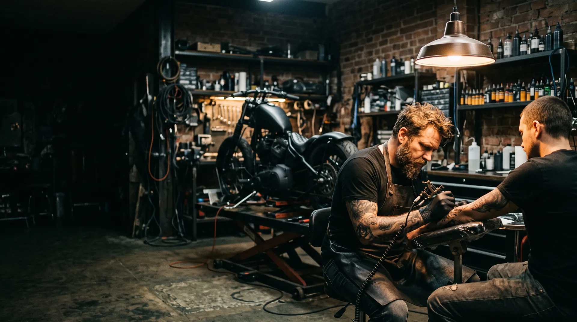 Tätowierer mit Vollbart sticht in einer Motorradwerkstatt, im Hintergrund ein schwarzer Chopper auf der Hebebühne