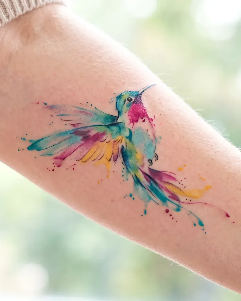 Aquarell Tattoo: Farbverläufe und Spritzer, als hätte ein Pinsel die Haut berührt.