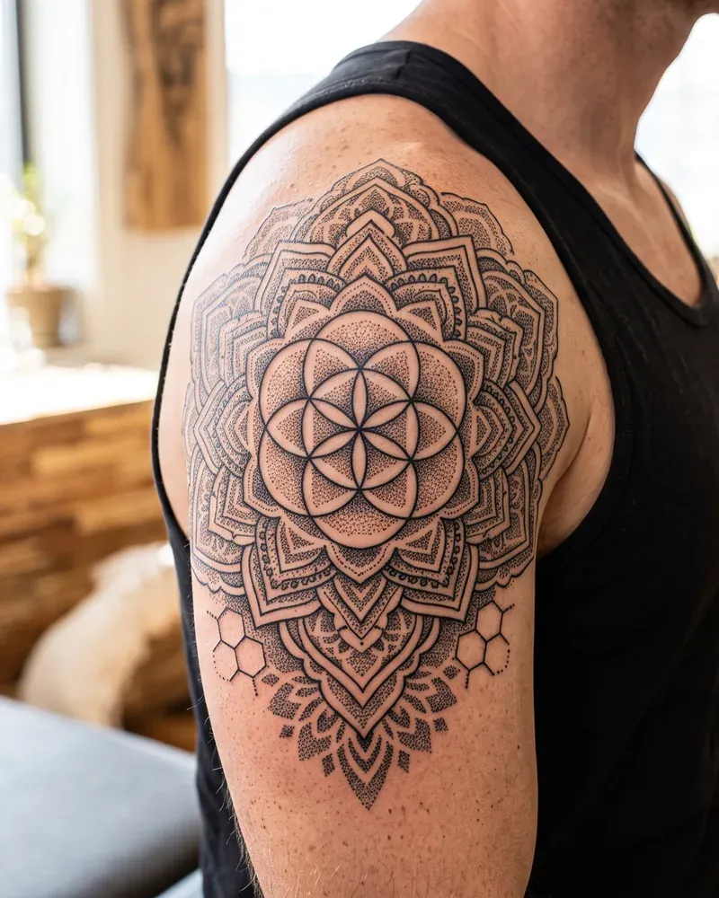 Dotwork Tattoo: Schattierung aus Tausenden Punkten, Schulter und Oberarm.