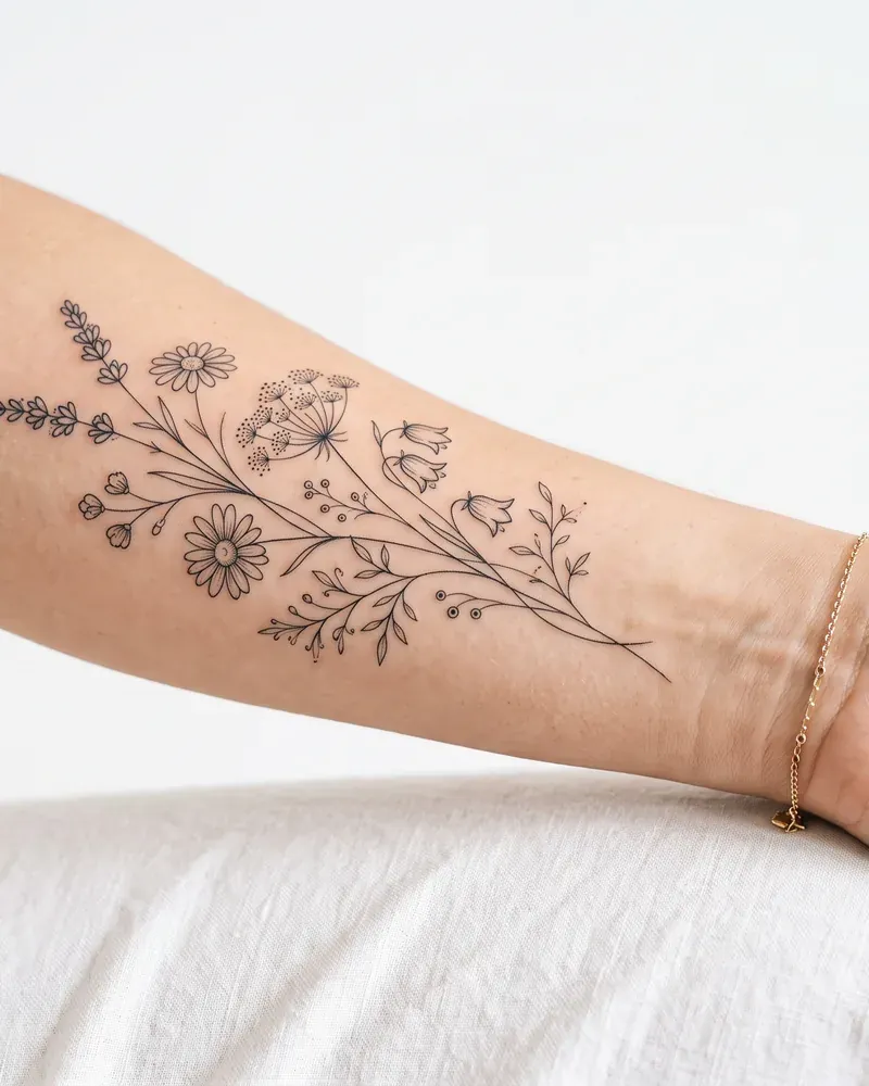 Fine Line Tattoo: Zarte Linien mit einer Nadel: Blüten am Unterarm innen.