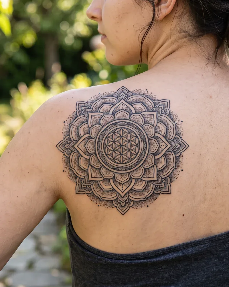 Geometrisch Tattoo: Mandala und Dotwork, Symmetrie bis in die Punktreihen.