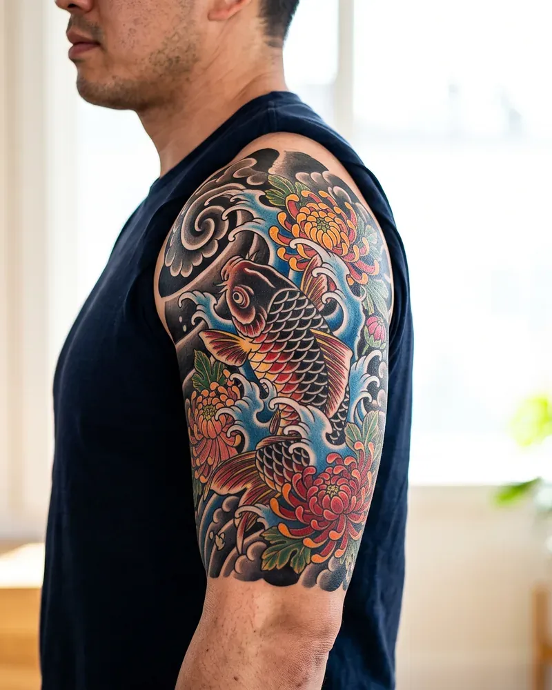Japanisch Tattoo: Koi und Wellen als fließende Komposition am Oberarm.