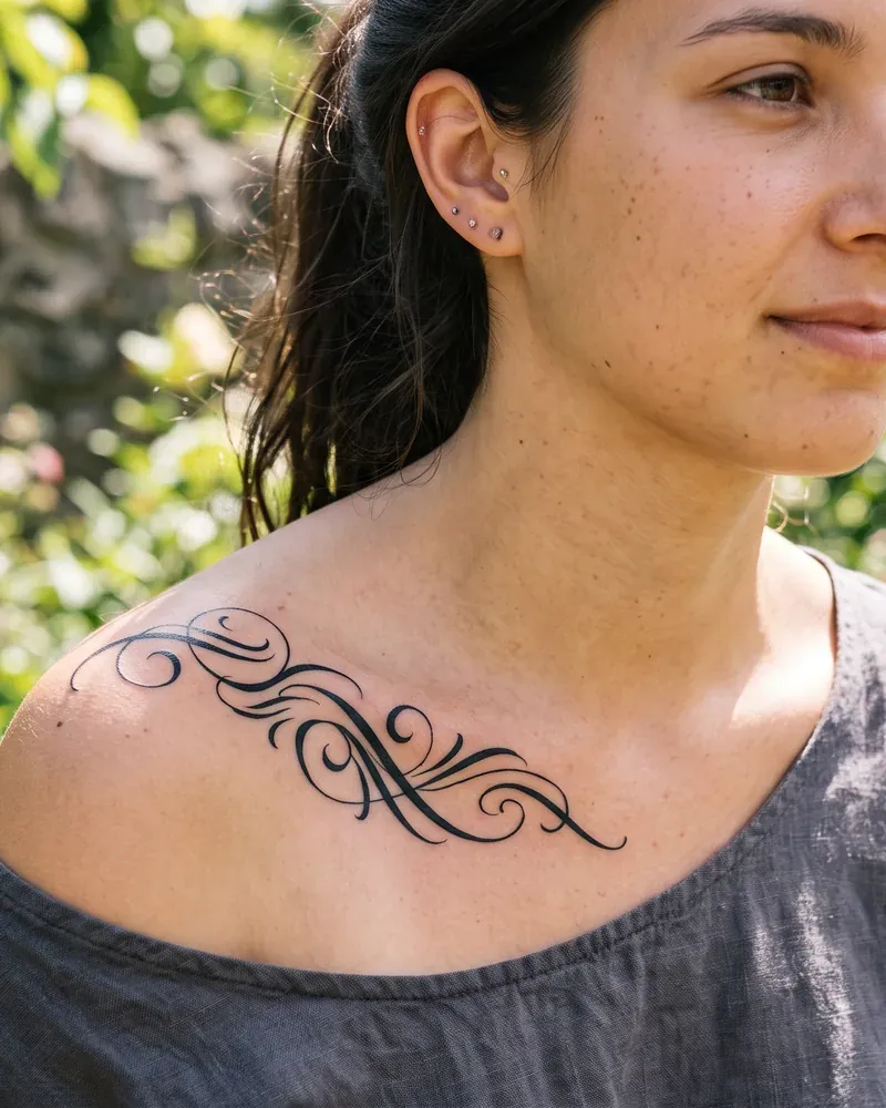 Lettering Tattoo: Schriftzug am Schlüsselbein, Buchstaben als Motiv.
