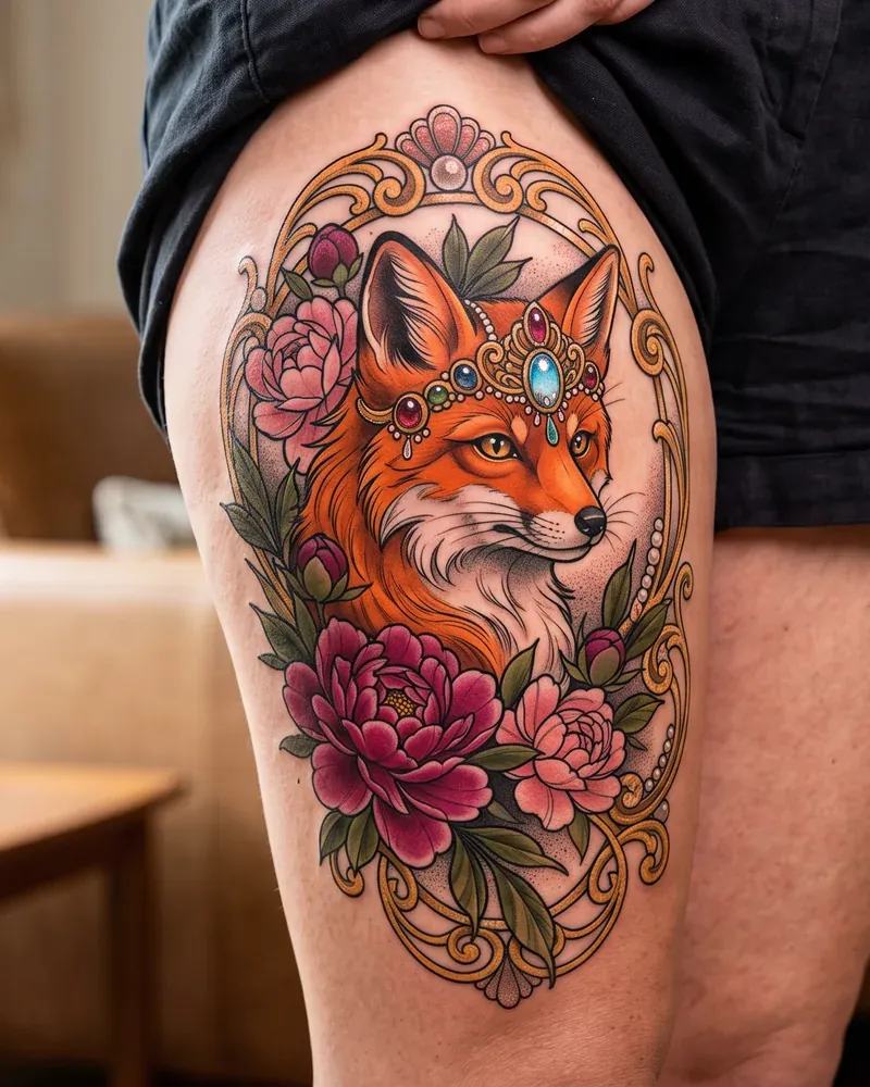 Neo Traditional Tattoo: Fuchs mit Blüten und Schmuck, Farbtiefe und feinere Linien.