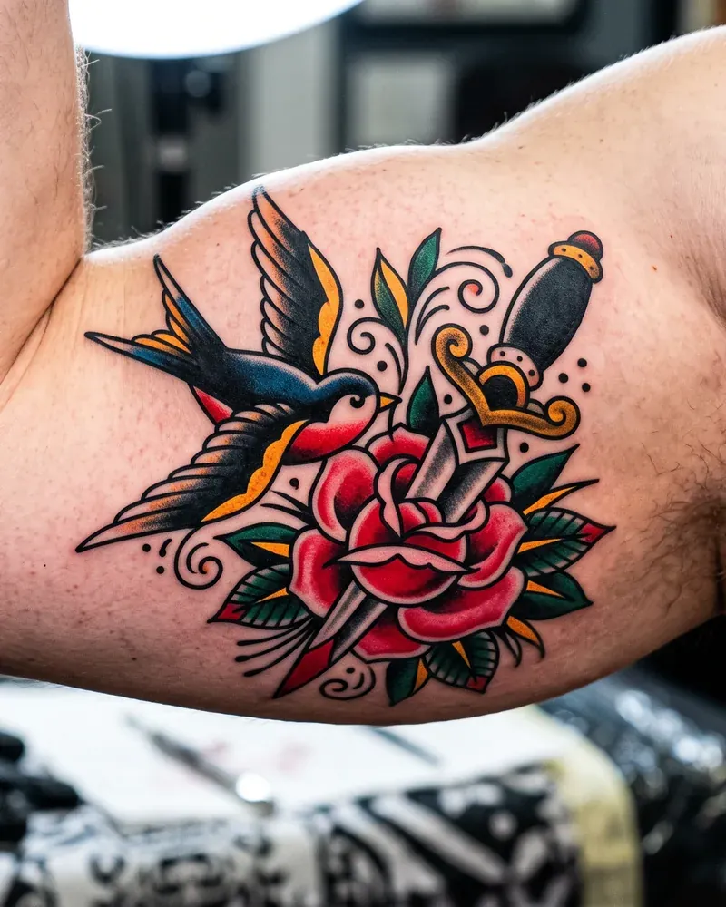 Old School Tattoo: Schwalbe, Rose und Dolch mit dicken Konturen und satten Farben.