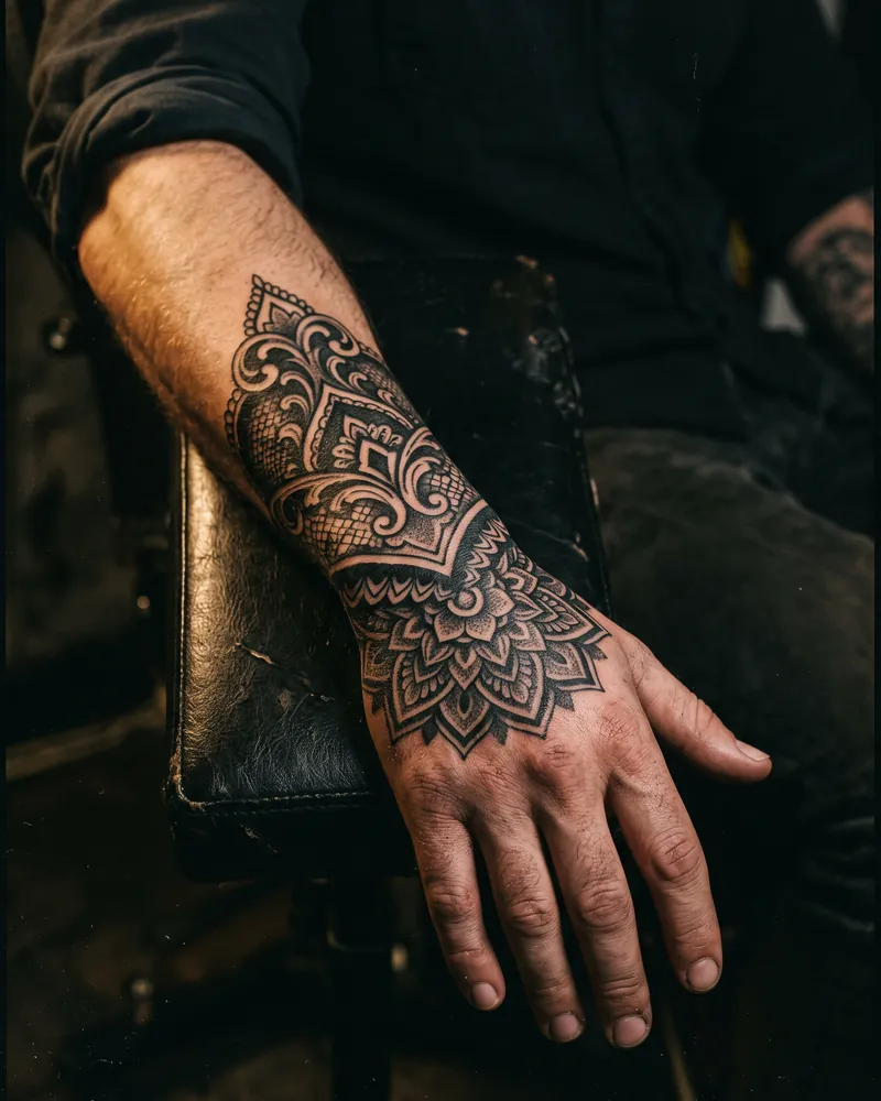 Ornamental Tattoo: Spitzenmuster über das Brustbein, symmetrisch gesetzt.