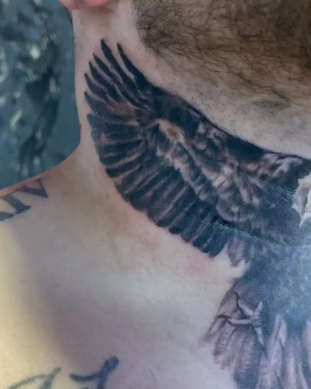 Flügel in Blackwork am Hals, gestochen bei Inkspiration Arts in Düsseldorf