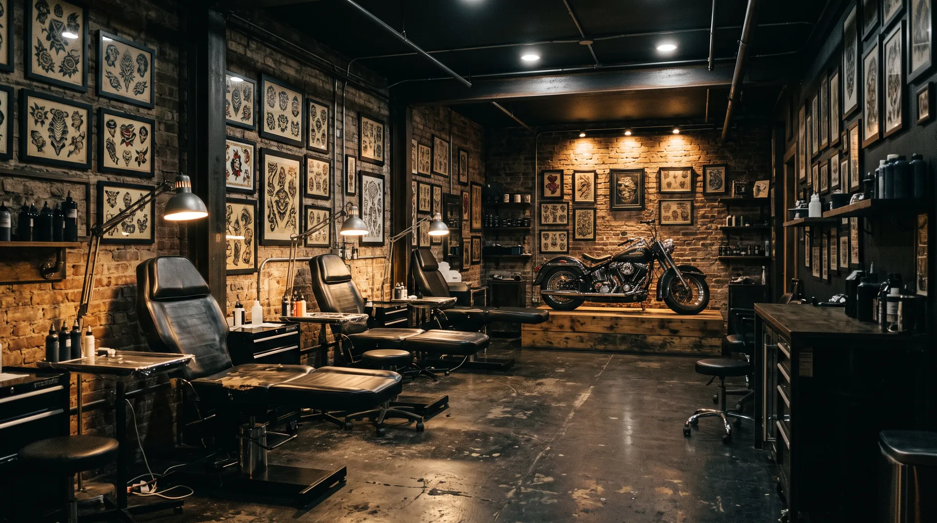 Dunkles Tattoo-Studio mit drei Arbeitsplätzen