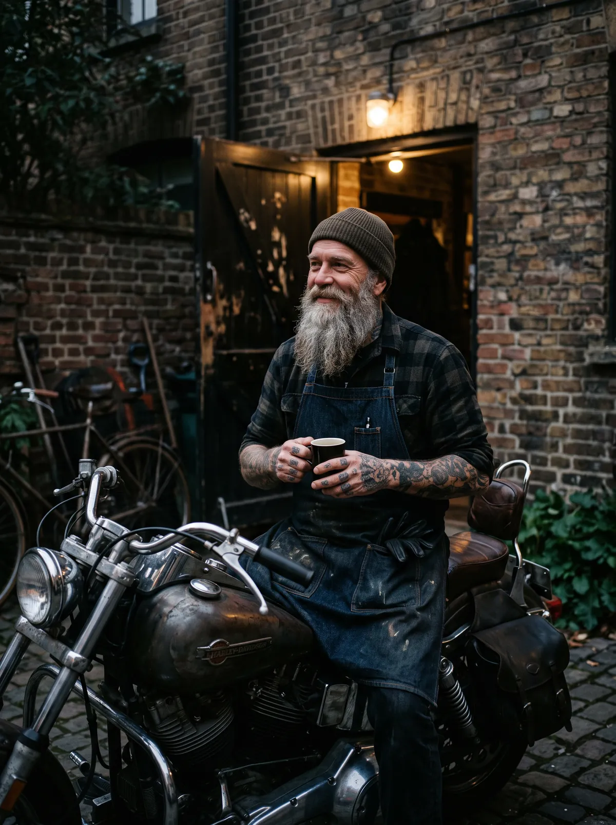 Tätowierer mit grauem Bart macht auf seinem Motorrad im Hinterhof Pause