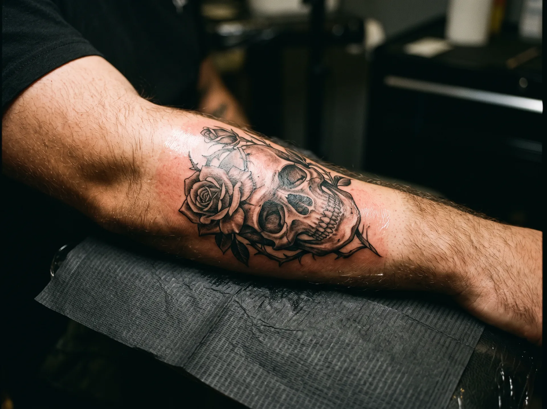 Frisch gestochener Totenkopf mit Rose in Schwarzgrau auf einem Unterarm