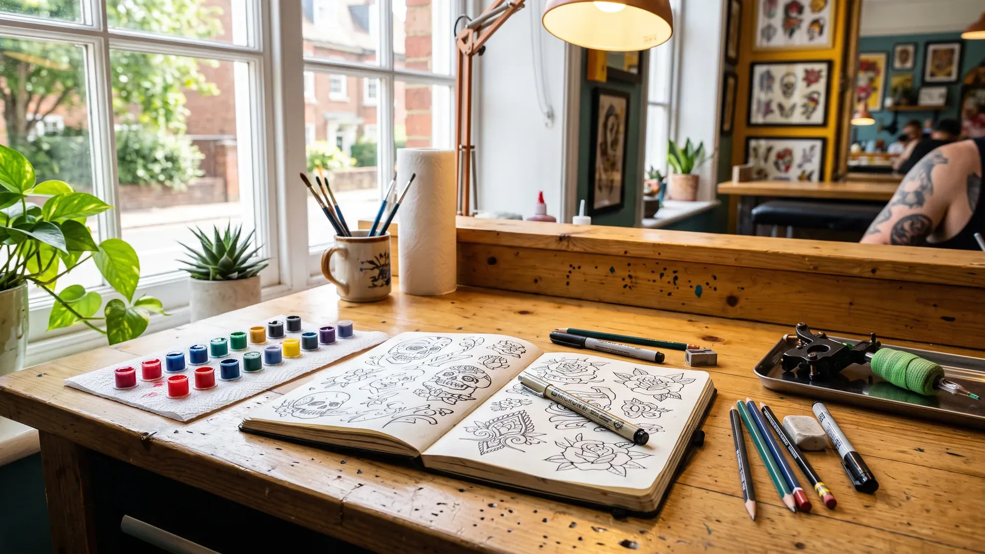 Skizzen, Farbkappen und Preisliste auf dem Tresen eines Tattoo-Studios