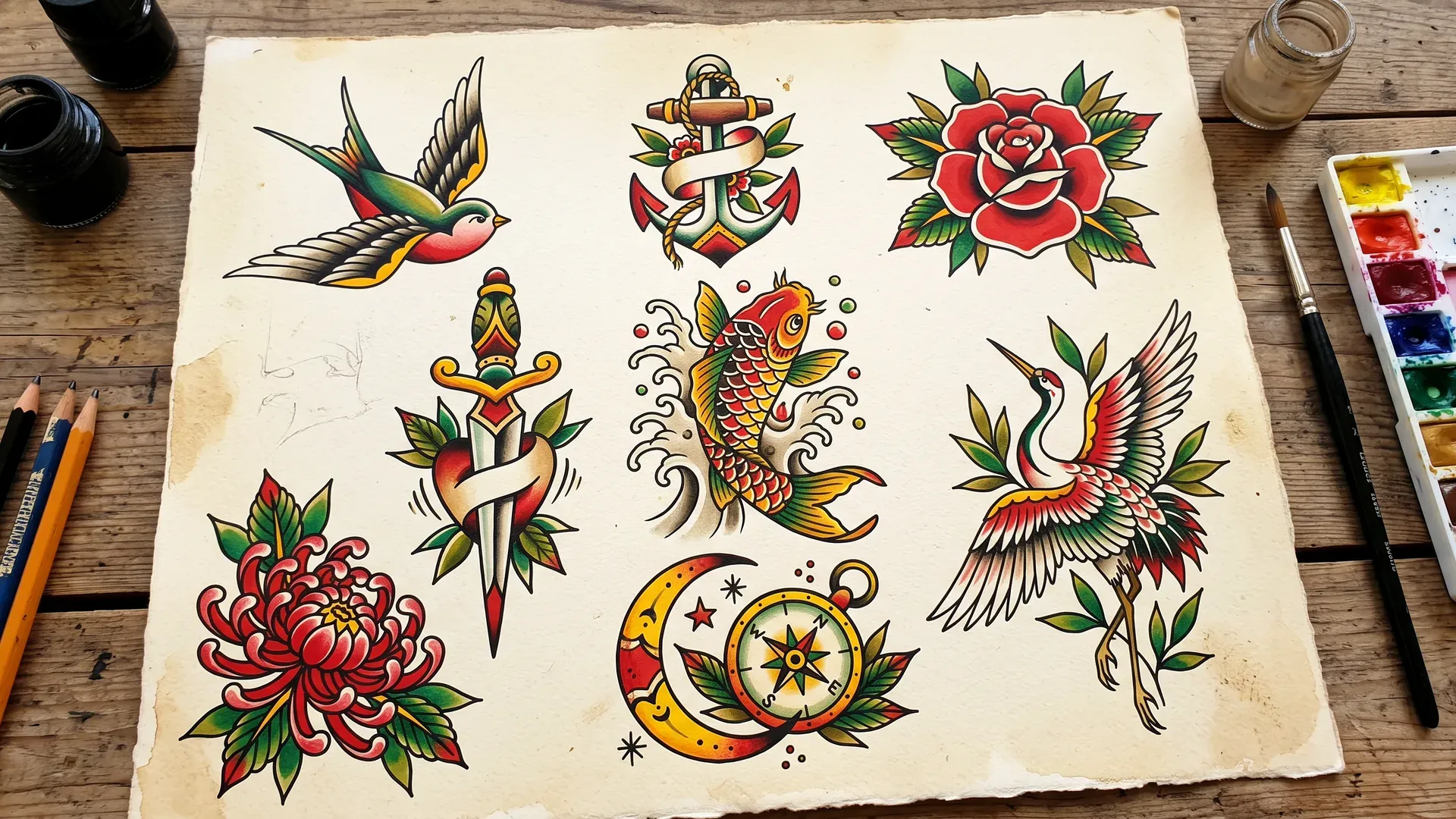 Flash-Bogen mit klassischen Tattoo-Motiven: Schwalbe, Rose, Anker, Dolch, Koi