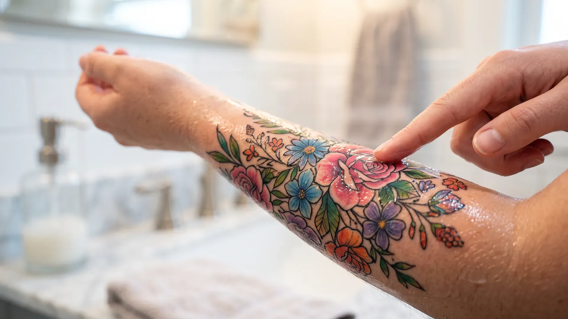 Frisch tätowierter Unterarm wird mit sauberer Hand eingecremt