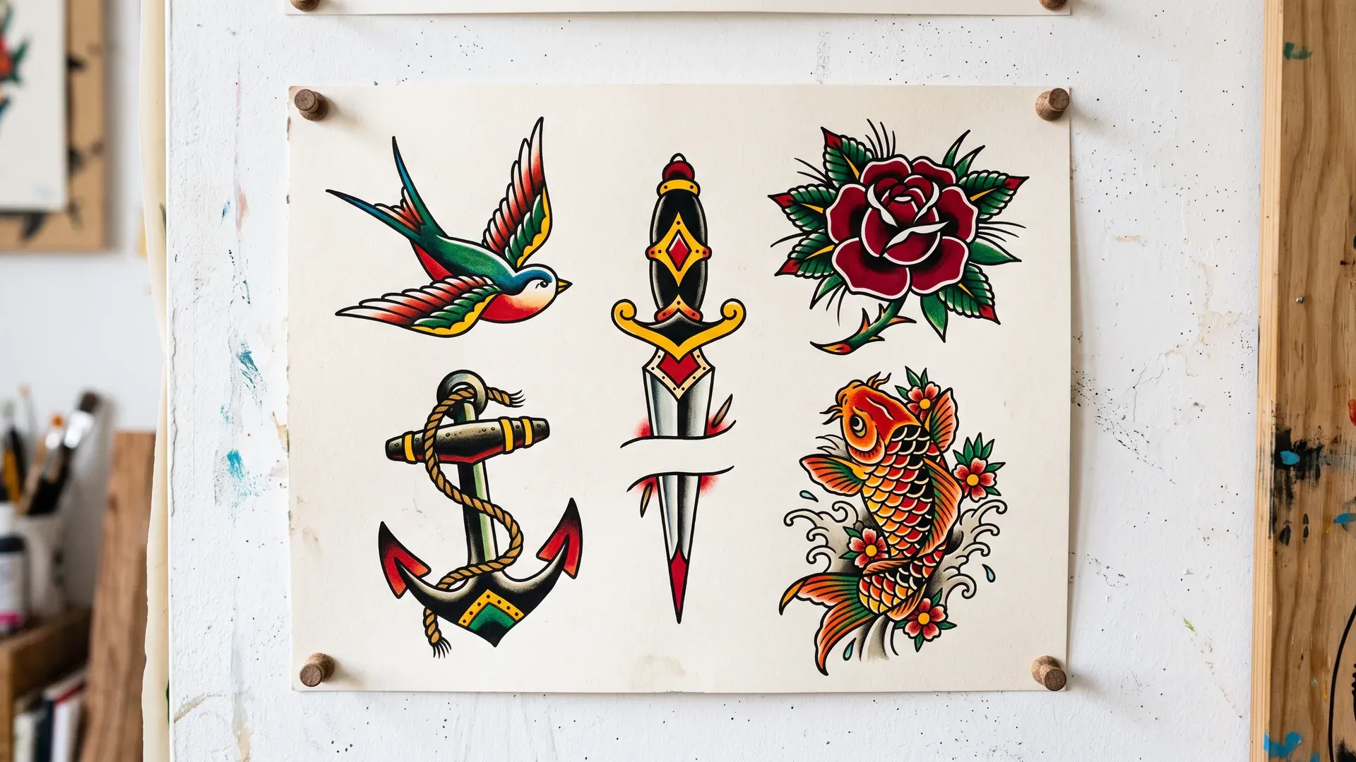 Flash-Bogen mit Motiven in verschiedenen Tattoo-Stilen