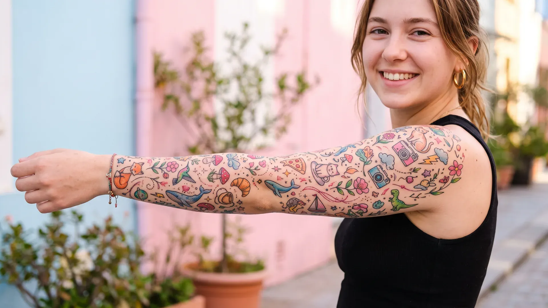 Moderner Patchwork-Ärmel mit vielen kleinen Motiven im Tageslicht