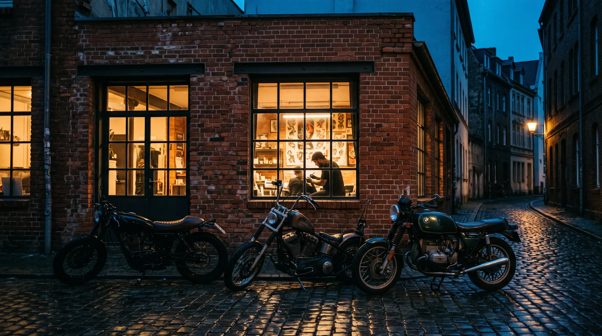 Tattoo-Studio in einer alten Backsteinwerkstatt bei Nacht, davor drei Motorräder auf nassem Pflaster
